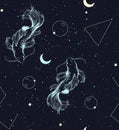 Koi fish cosmic seamless pattern with moon and stars